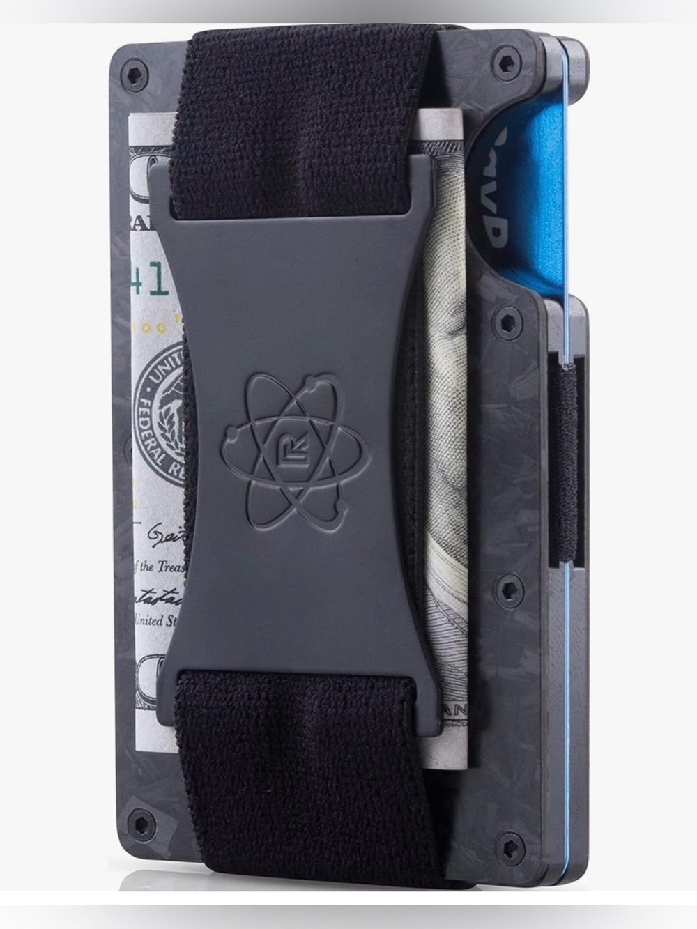 ROSSM forged carbon fiber wallet features a matte black metal cash strap engrave